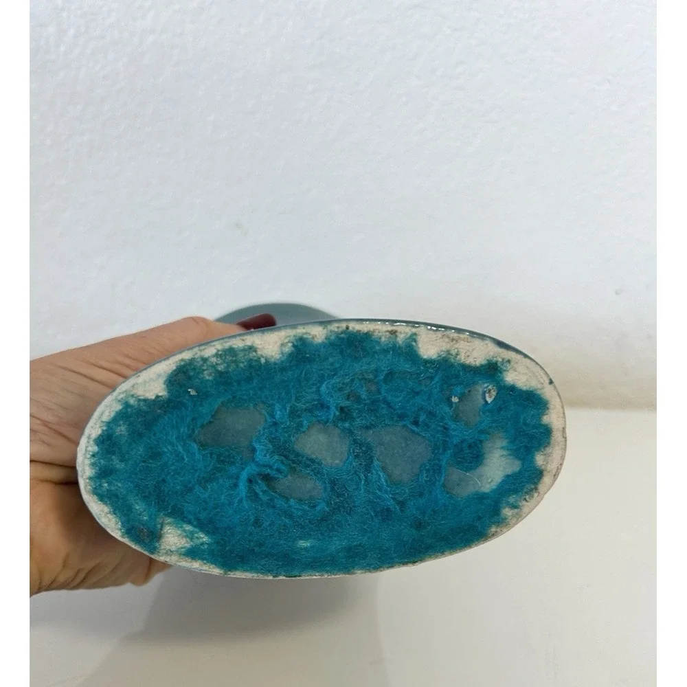 50s Miltonvale Pottery Kansas Turquoise Blue Scalloped Planter Vase Shinny 7 EUC